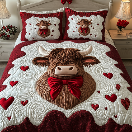 Valentine Highland Cow 3-Piece Quilted Bedding Set GFTOTP1826