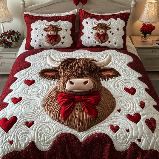 Valentine Highland Cow 3-Piece Quilted Bedding Set GFTOTP1826