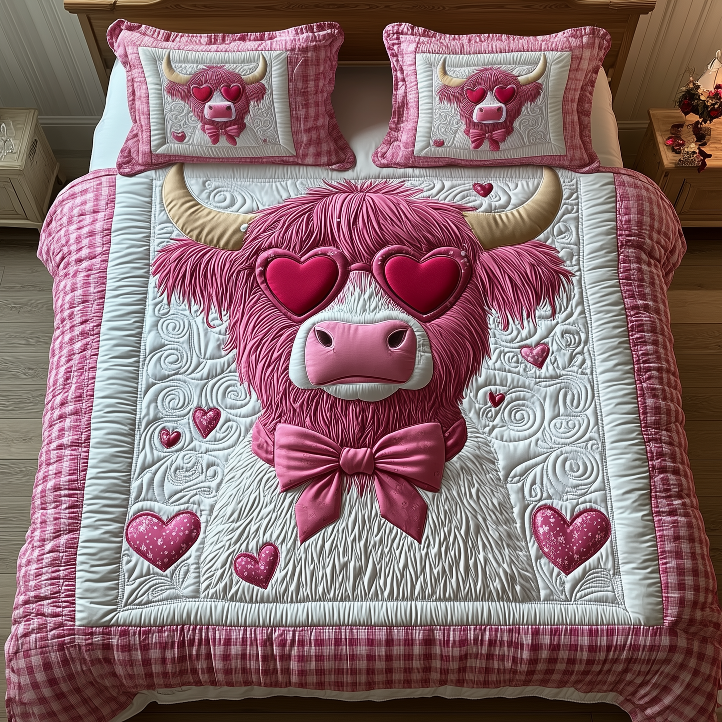 Valentine Highland Cow 3-Piece Quilted Bedding Set GFTOTP1827