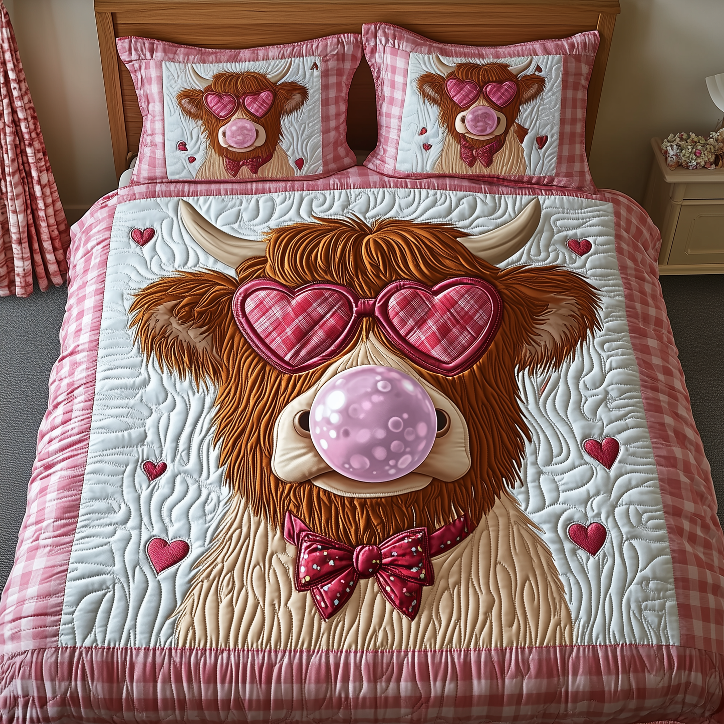 Valentine Highland Cow 3-Piece Quilted Bedding Set GFTOTP1828