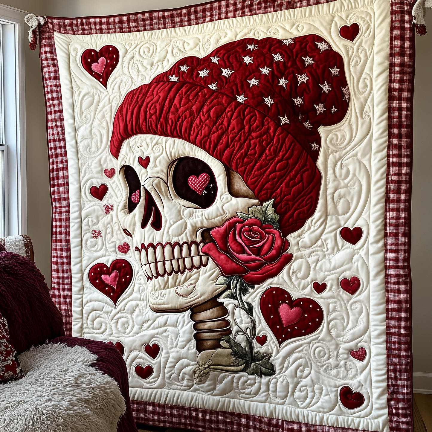 Crimson Valentine Skull Quilted Blanket GFTOTP1835