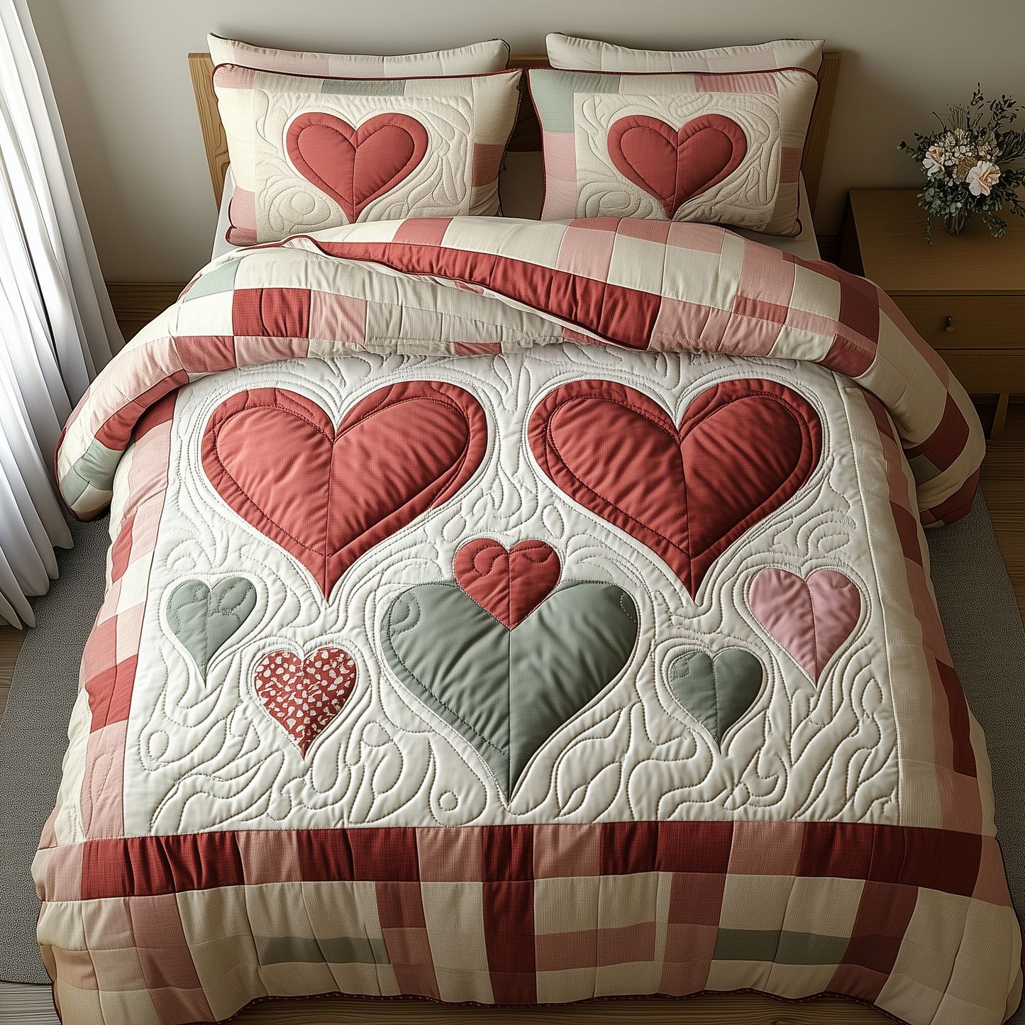 Romantic Heart Touch 3-Piece Quilted Bedding Set GFTOTP1856