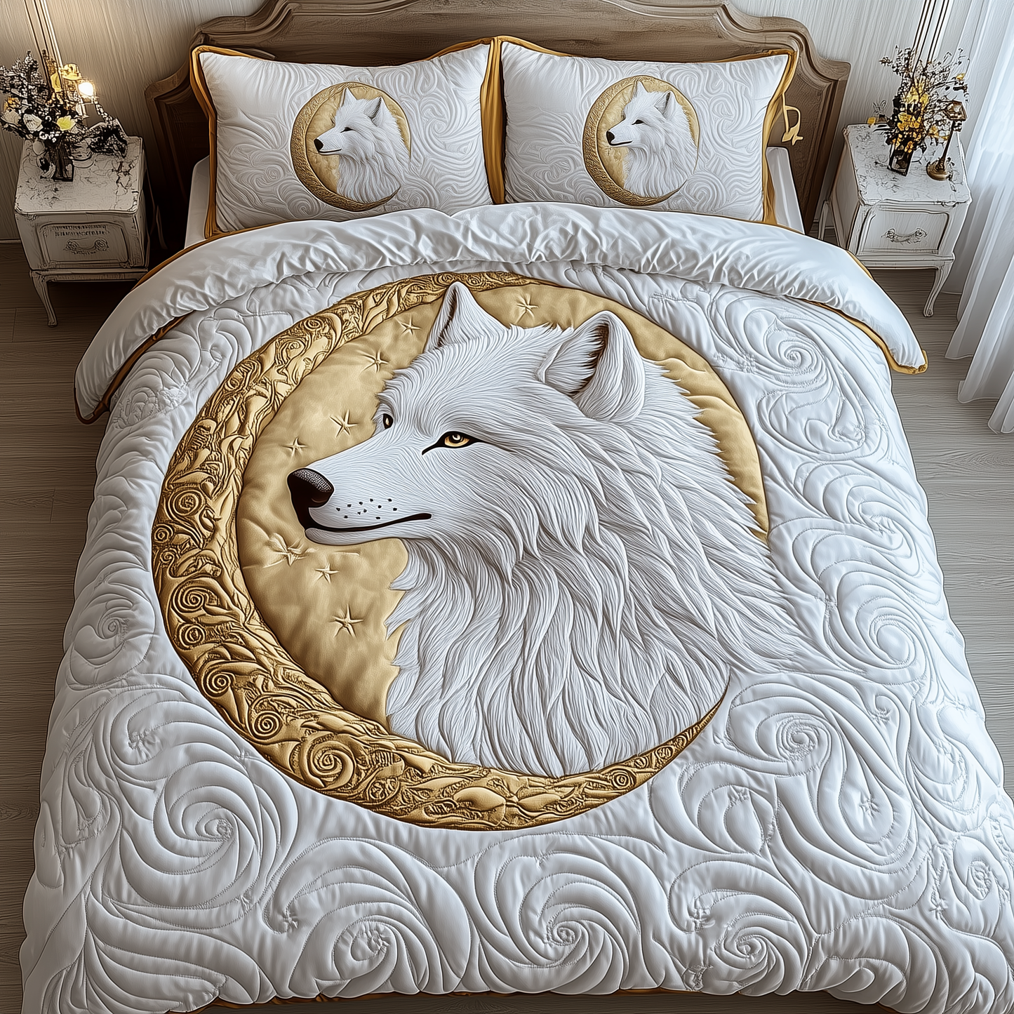 Ethereal White Wolf 3-Piece Quilted Bedding Set GFTOTP1885