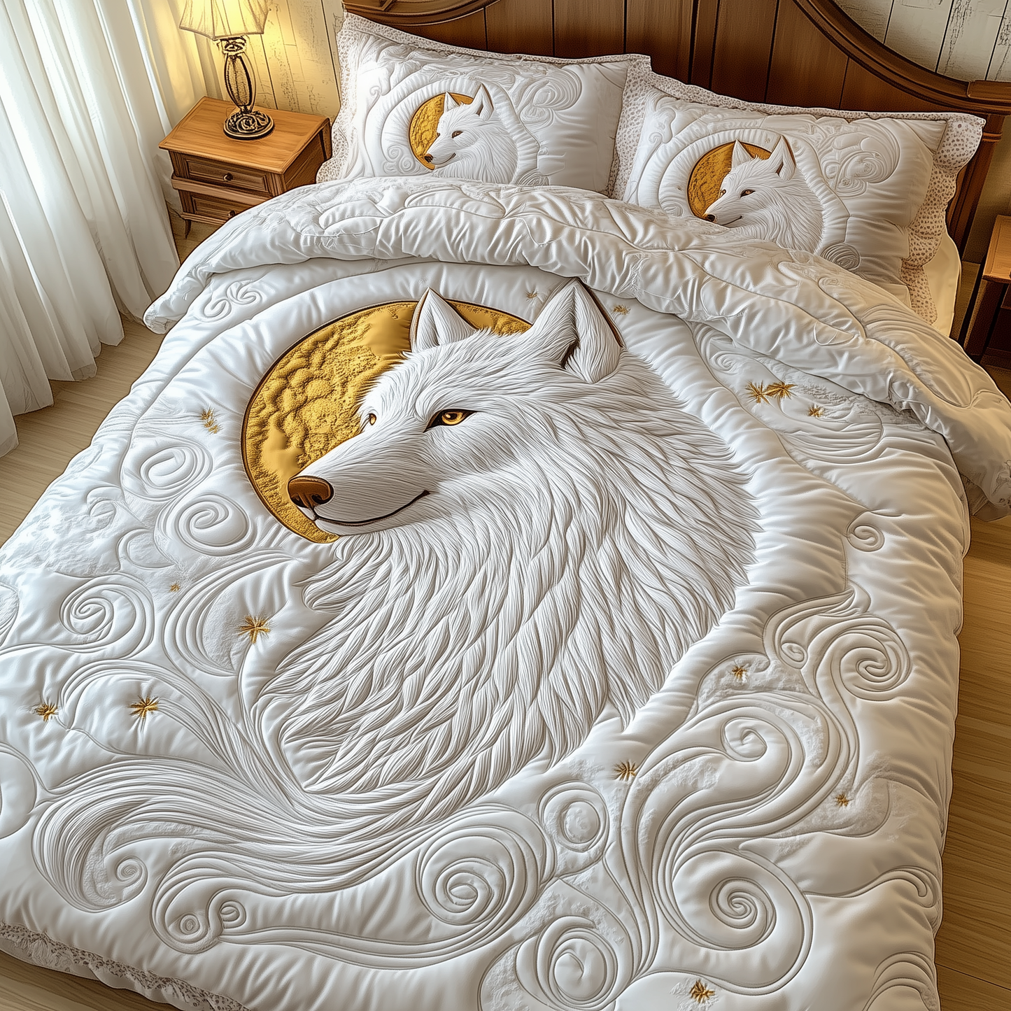 Ethereal White Wolf 3-Piece Quilted Bedding Set GFTOTP1886