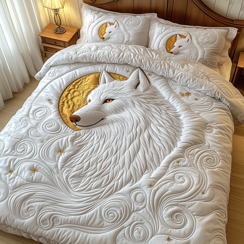 Ethereal White Wolf 3-Piece Quilted Bedding Set GFTOTP1886
