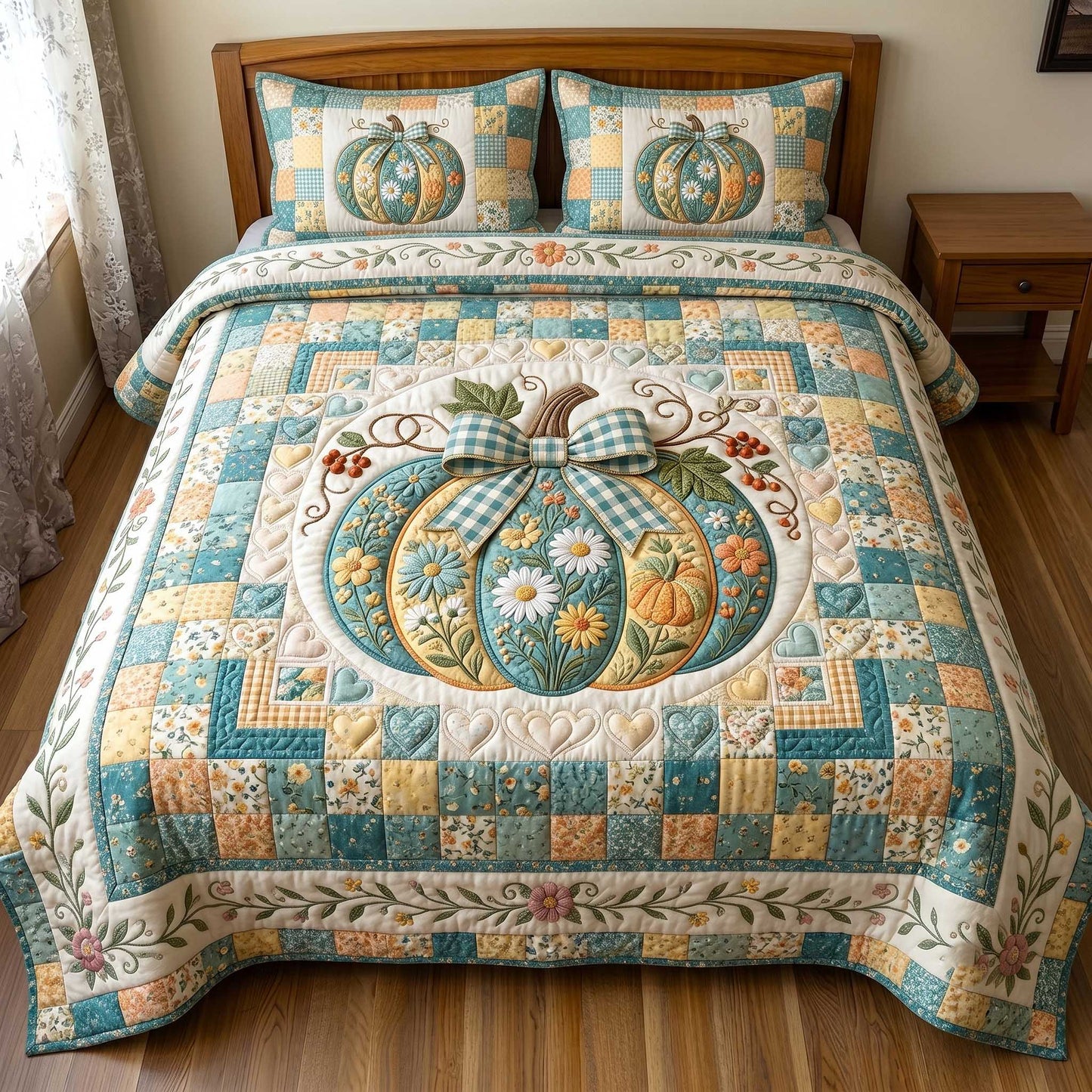 Pumpkin Blossoms Patchwork 3-Piece Quilted Bedding Set GFTOTP19831