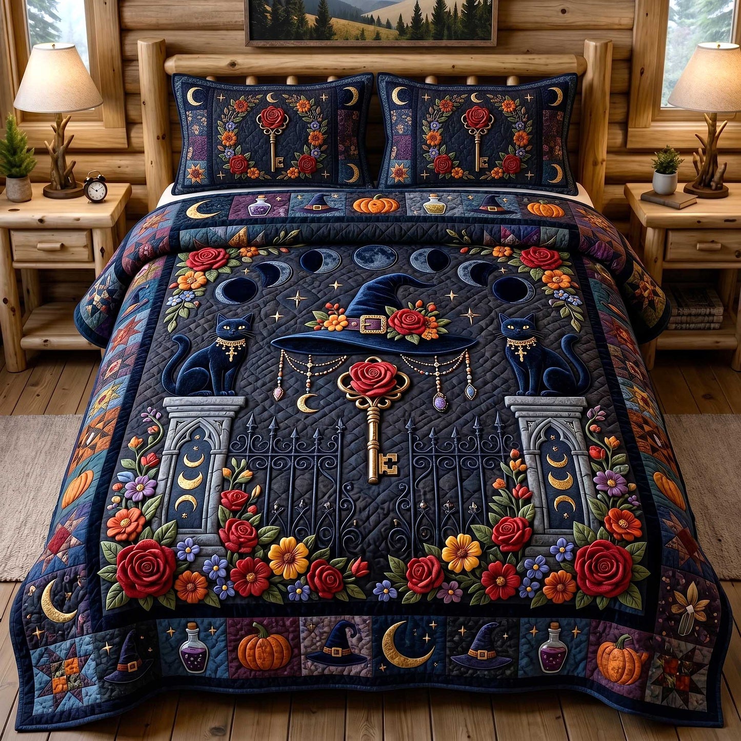 Black Cat Magic 3-Piece Quilted Bedding Set GFTOTP19860