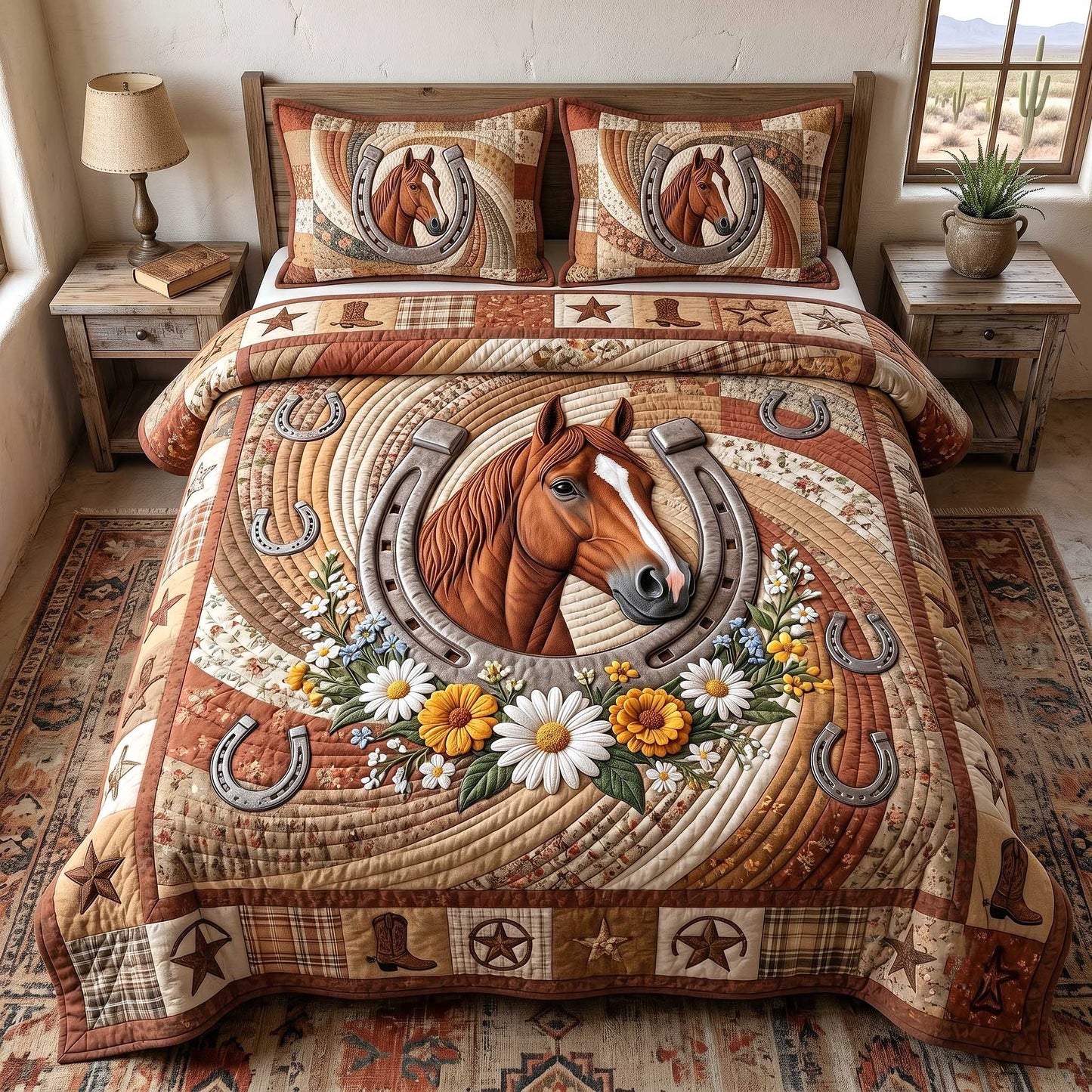 Wild West Horseshoe 3-Piece Quilted Bedding Set GFTOTP19882