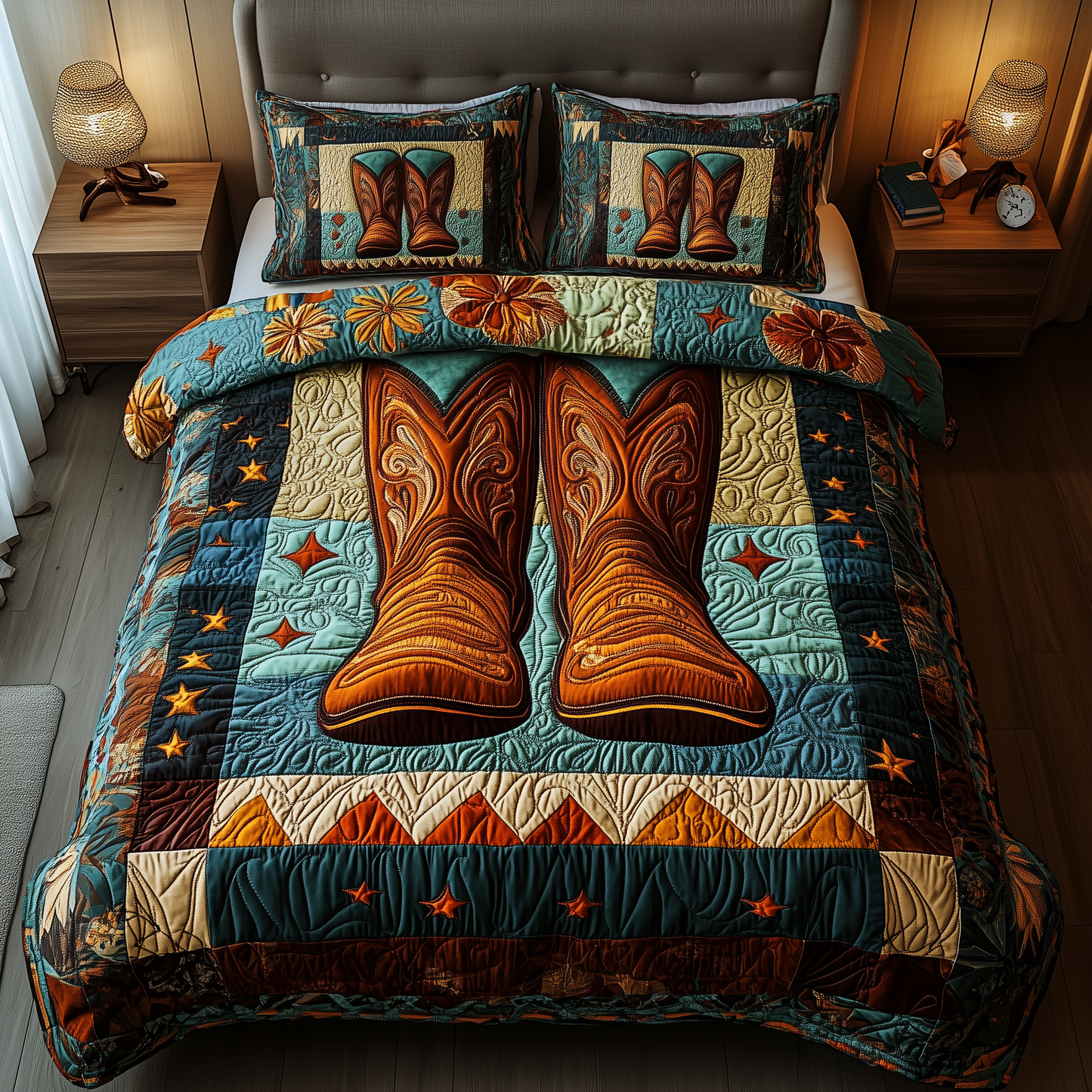 Southwest Cowboy Boots 3-Piece Quilted Bedding Set GFTOTP2114