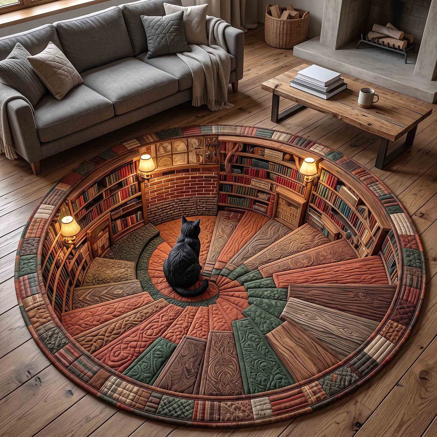 Black Cat Book Nook Quilted Round Mat GFTOTP21204
