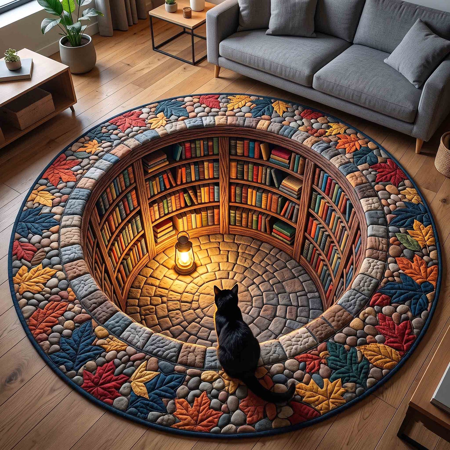 Black Cat Book Nook Quilted Round Mat GFTOTP21205