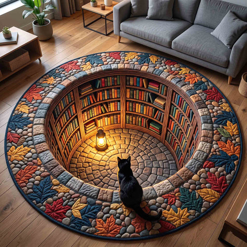 Black Cat Book Nook Quilted Round Mat GFTOTP21205