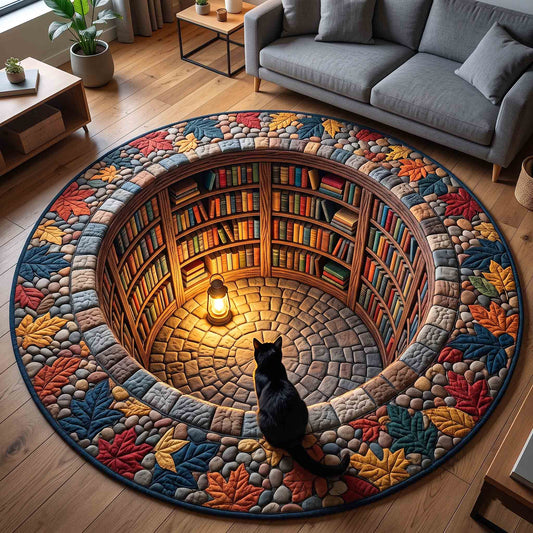Black Cat Book Nook Quilted Round Mat GFTOTP21205