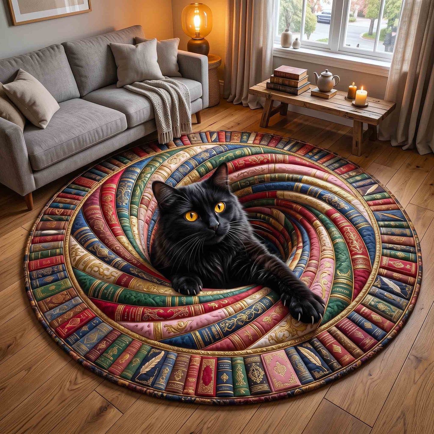 Black Cat Book Nook Quilted Round Mat GFTOTP21209