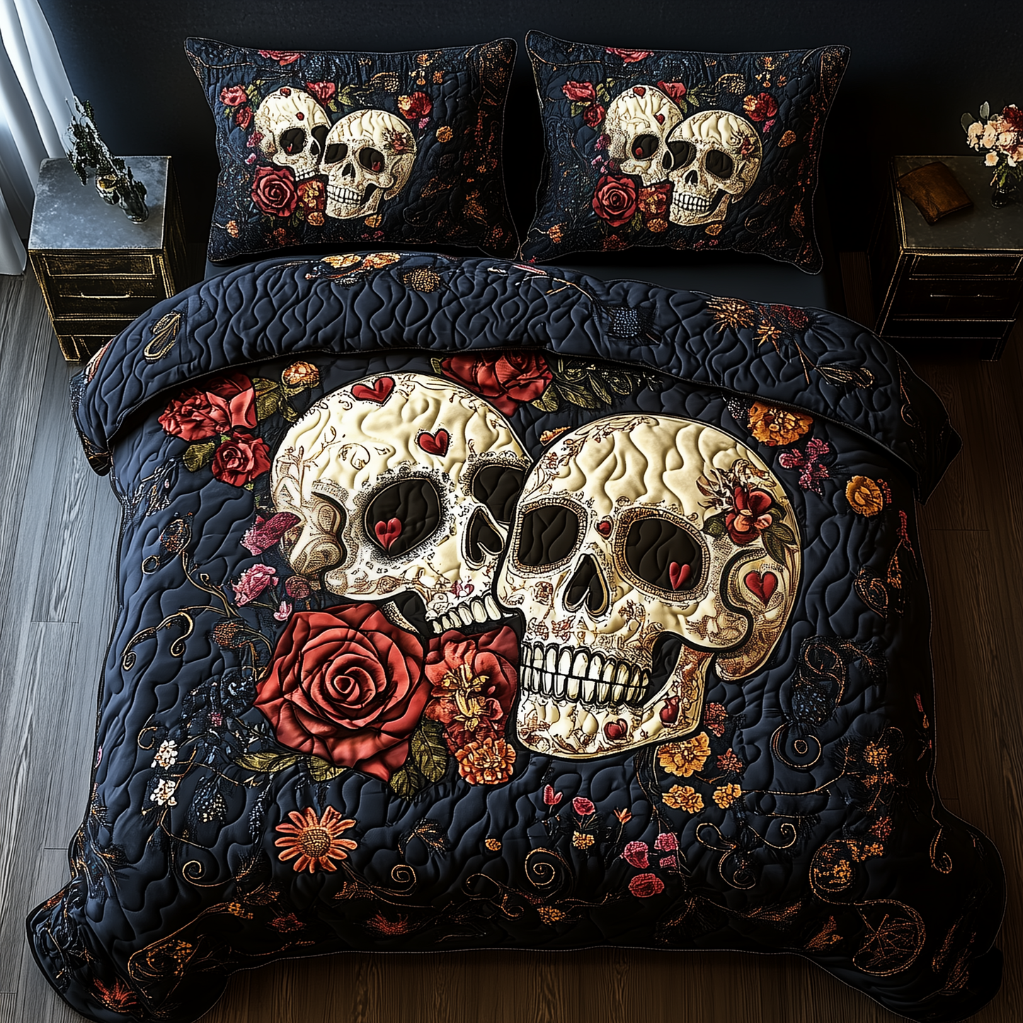 Vintage-Floral-Skull-Couple-3-Piece-Quilted-Bedding-Set-GFTOTP2140