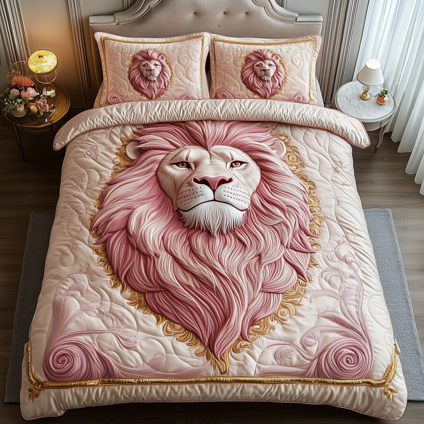Pinky Majestic Lion 3-Piece Quilted Bedding Set GFTOTP2151