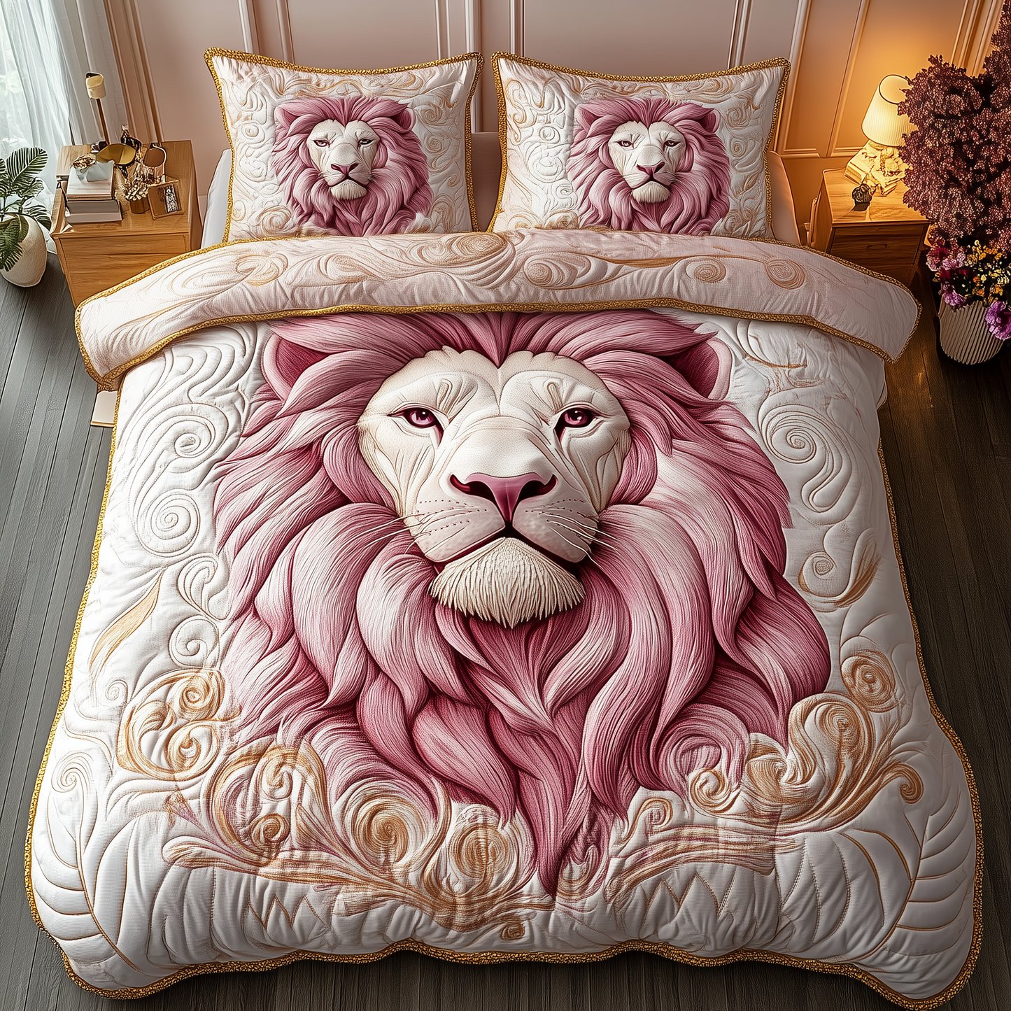 Pinky Majestic Lion 3-Piece Quilted Bedding Set GFTOTP2152