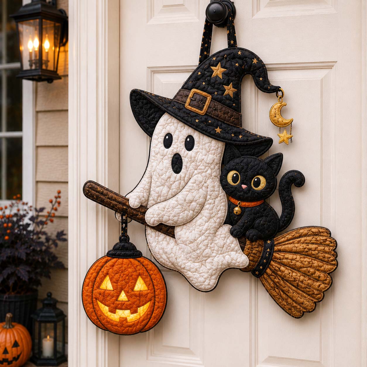 Broomstick Ghost Cat Custom Shape Quilted Door Hanger GFTOTP21552