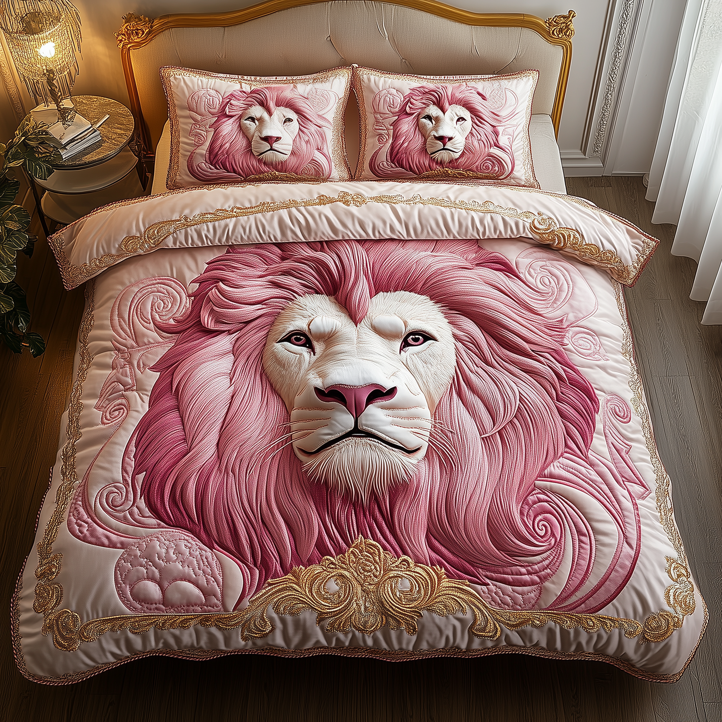 Pinky Majestic Lion 3-Piece Quilted Bedding Set GFTOTP2155