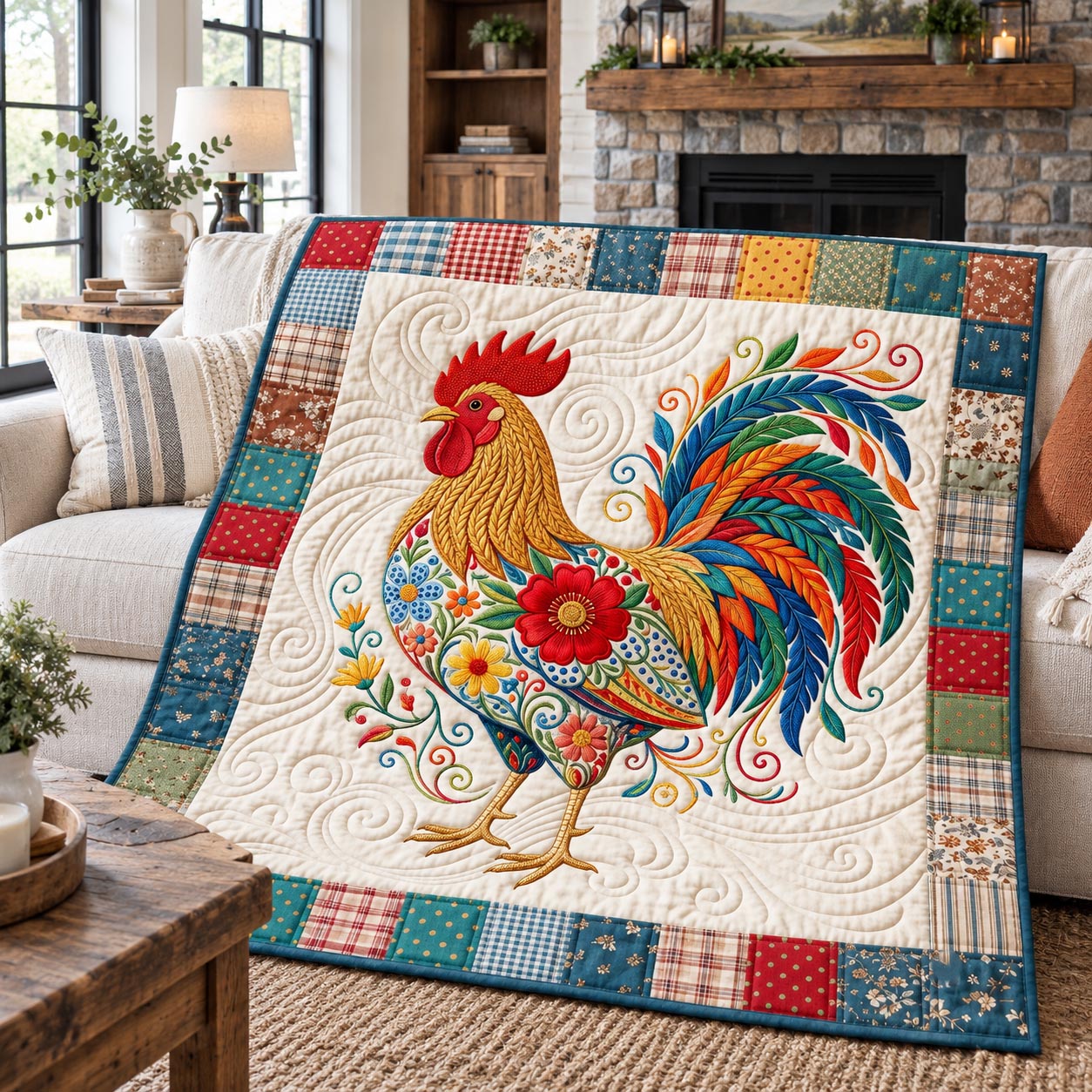 Vibrant Folk Rooster Quilted Blanket GFTOTP21625
