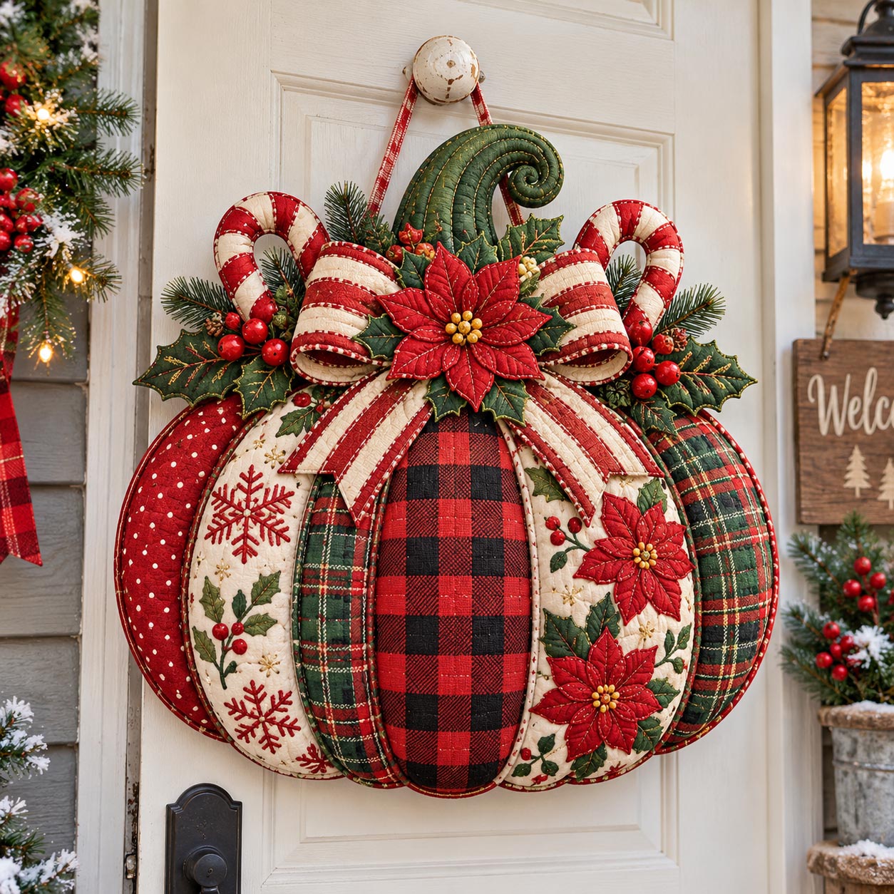 Holiday Poinsettia Pumpkin Custom Shape Quilted Door Hanger GFTOTP21629