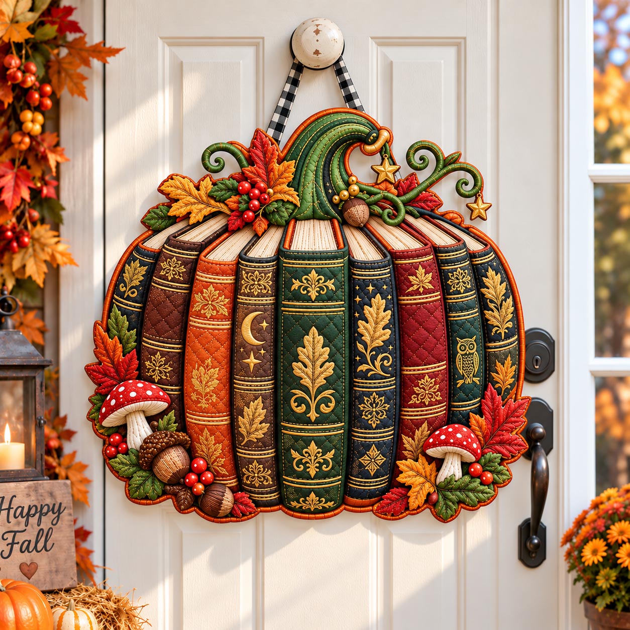 Vintage Book Pumpkin Custom Shape Quilted Door Hanger GFTOTP21634