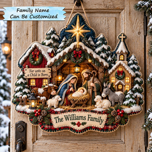 Personalized Snowy Manger Scene Custom Shape Felt Door Hanger QTCUZ GFTOTP21956