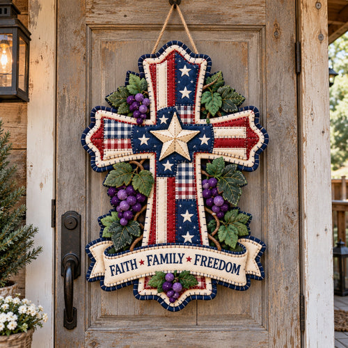 Patriotic Faith Cross Custom Shape Felt Door Hanger GFTOTP21996