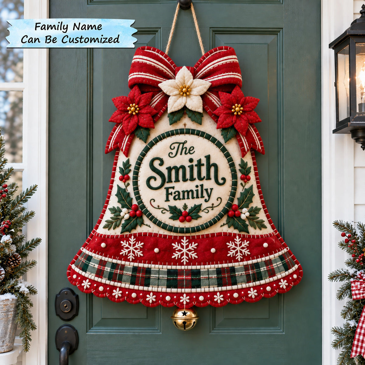 Personalized Poinsettia Bell Custom Shape Felt Door Hanger QTCUZ GFTOTP22123