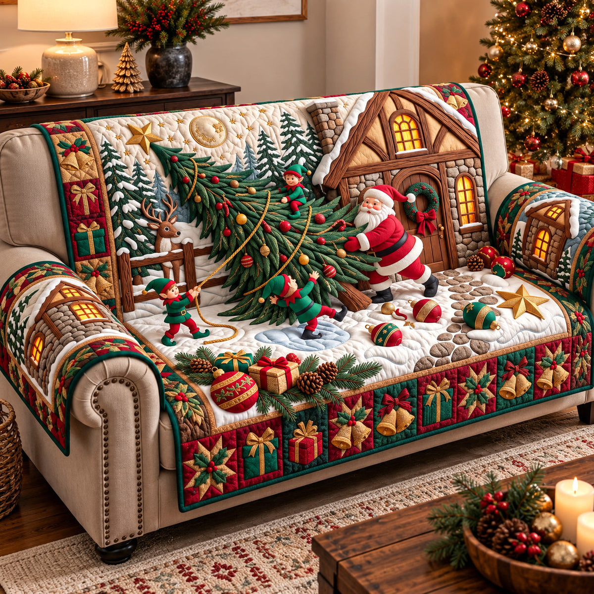 Santa Decorating Tree Quilted Sofa Cover GFTOTP22213