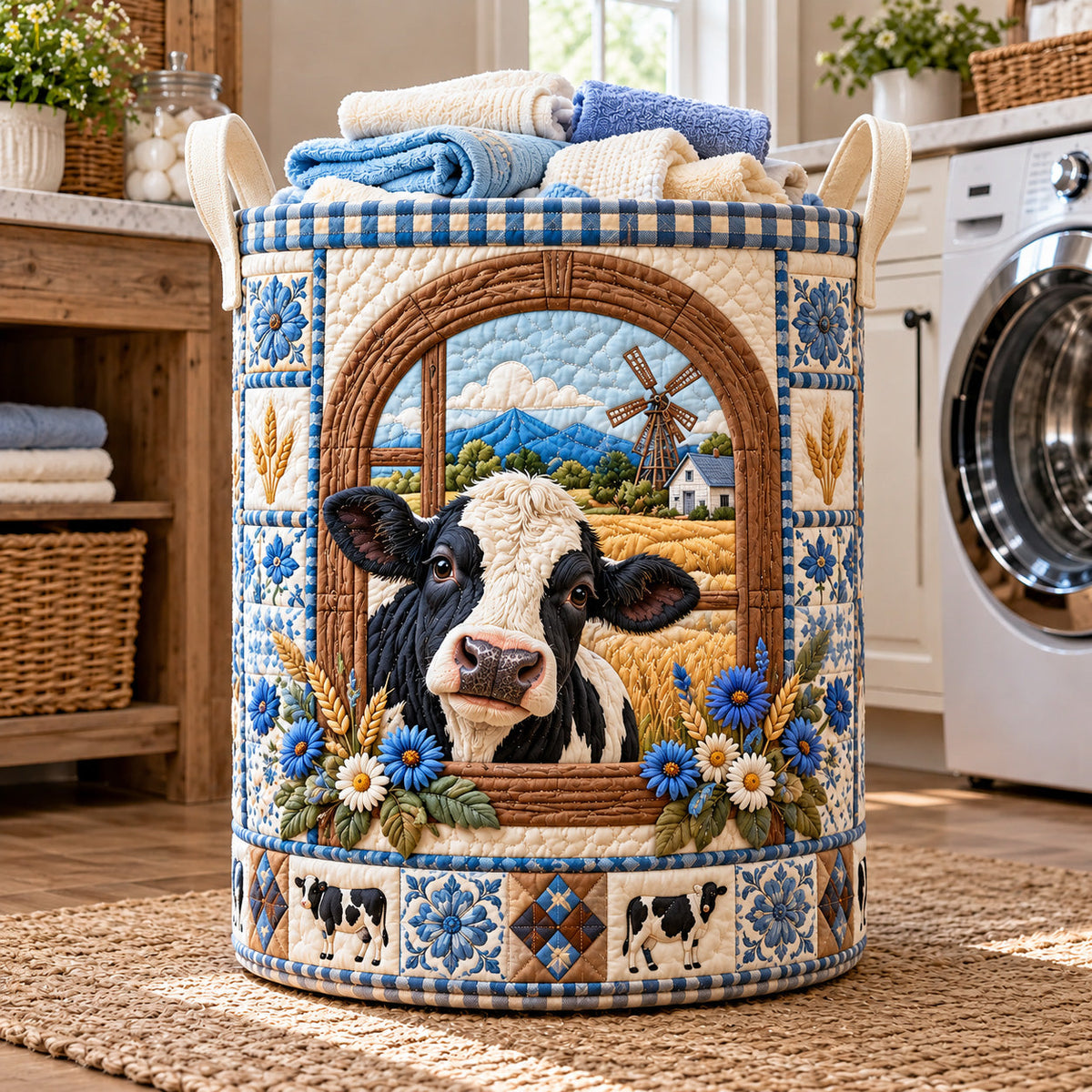 Window View Cow Quilted Laundry Basket GFTOTP22243