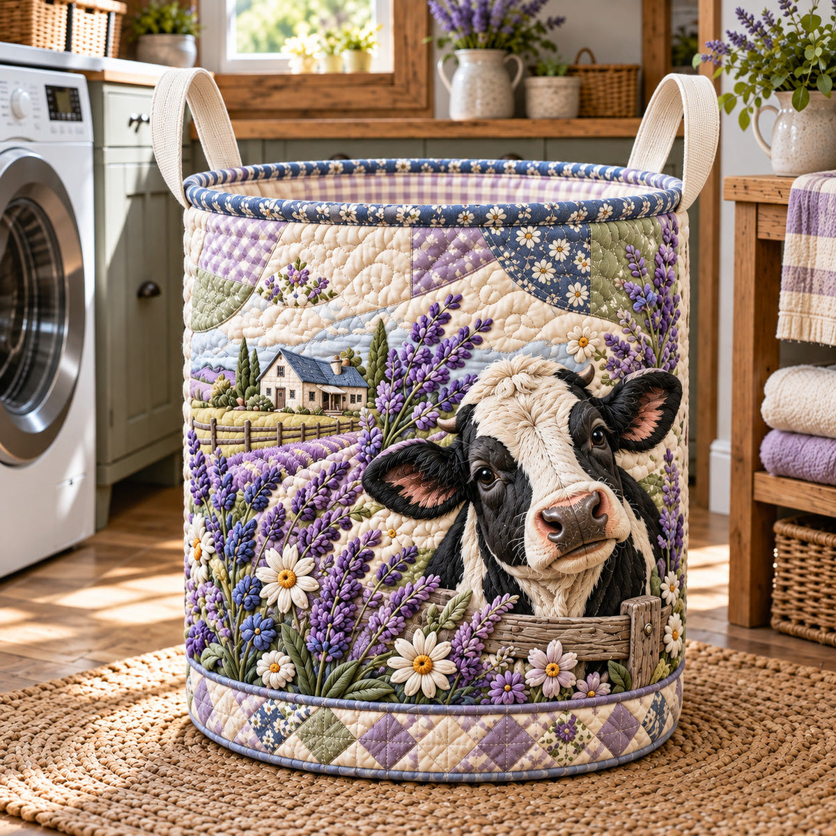 Lavender Farm Cow Quilted Laundry Basket GFTOTP22244