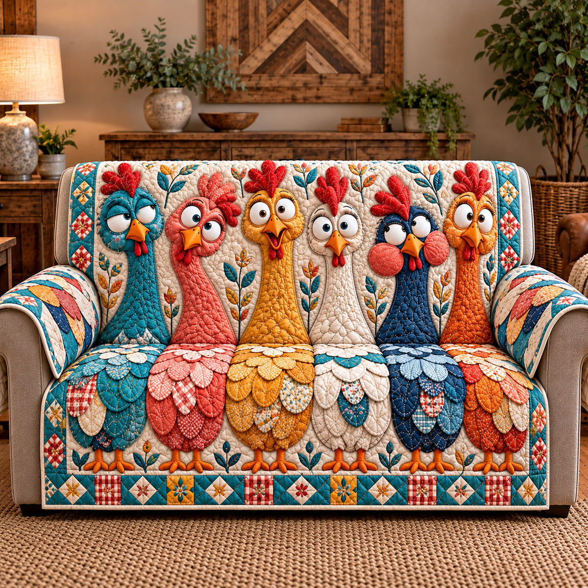 Quirky Roosters Quilted Sofa Cover GFTOTP22245