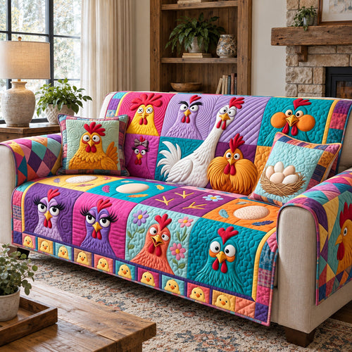 Vibrant Block Chickens Quilted Sofa Cover GFTOTP22247