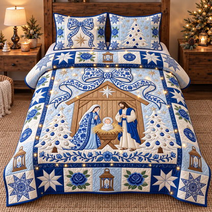 Blue Floral Nativity 3-Piece Quilted Bedding Set GFTOTP22308