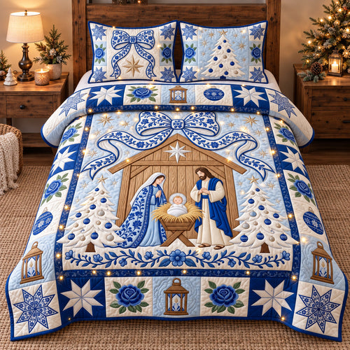 Blue Floral Nativity 3-Piece Quilted Bedding Set GFTOTP22308