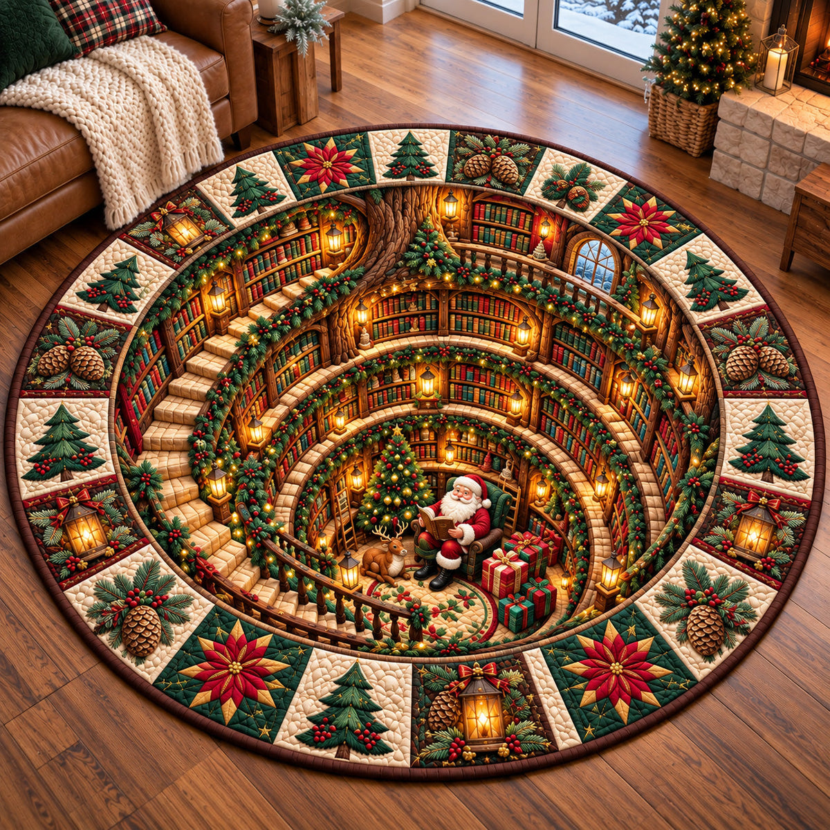 Jolly Santa Library Quilted Round Mat GFTOTP22347