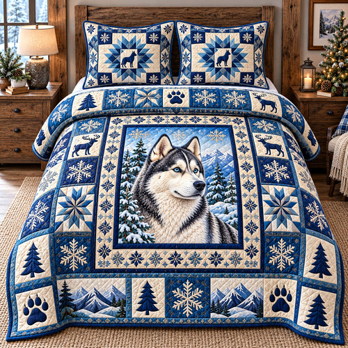 Blue Snowflake Husky 3-Piece Quilted Bedding Set GFTOTP22448