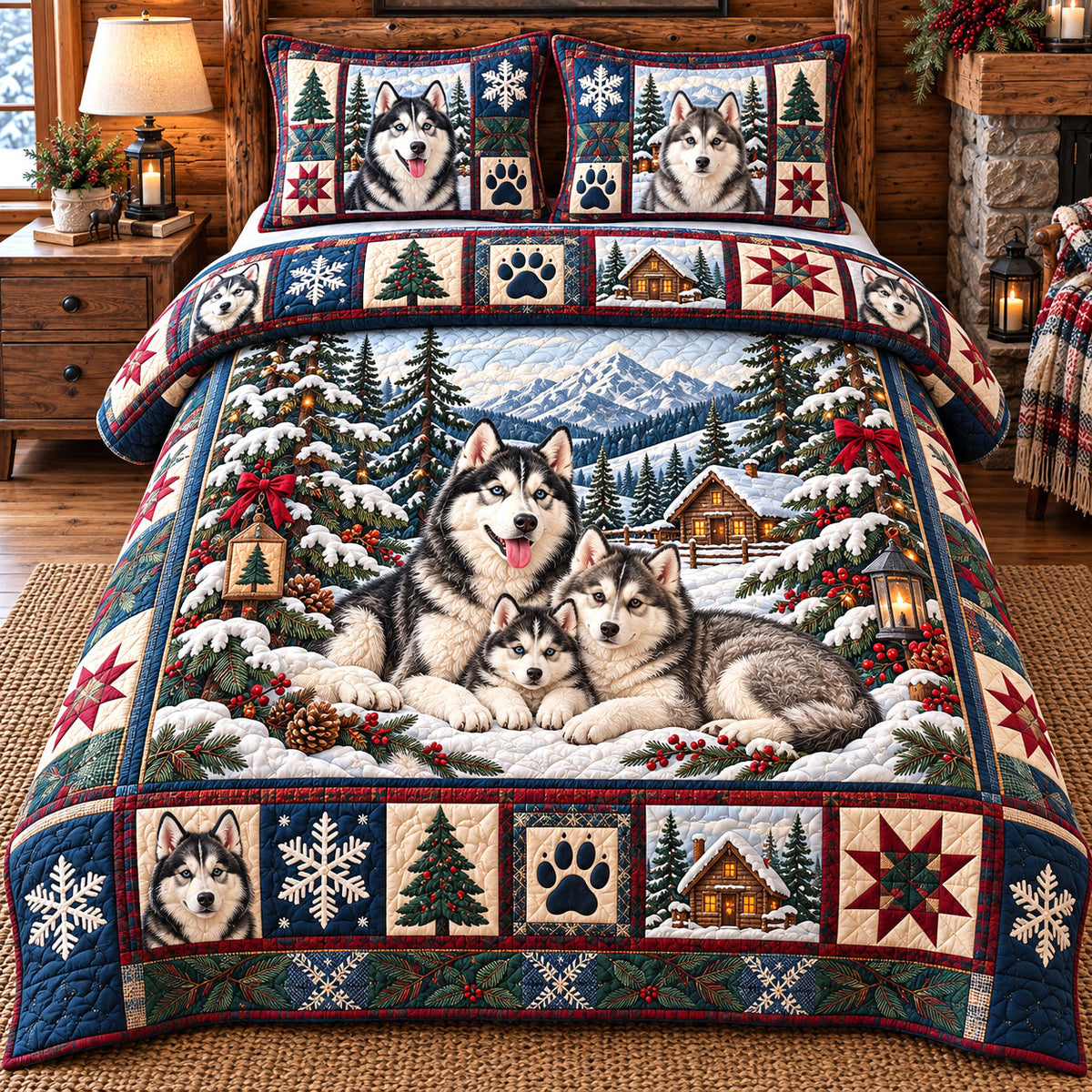 Snowy Husky Family 3-Piece Quilted Bedding Set GFTOTP22449