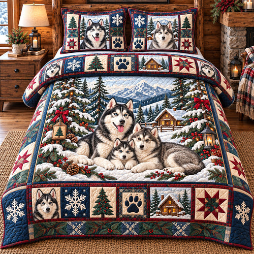 Snowy Husky Family 3-Piece Quilted Bedding Set GFTOTP22449