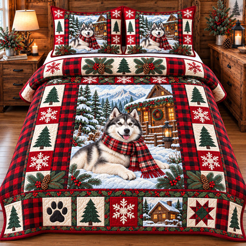 Red Plaid Husky 3-Piece Quilted Bedding Set GFTOTP22450