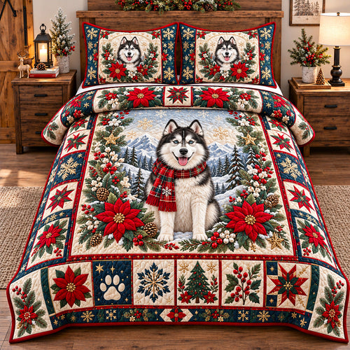 Festive Poinsettia Husky 3-Piece Quilted Bedding Set GFTOTP22451