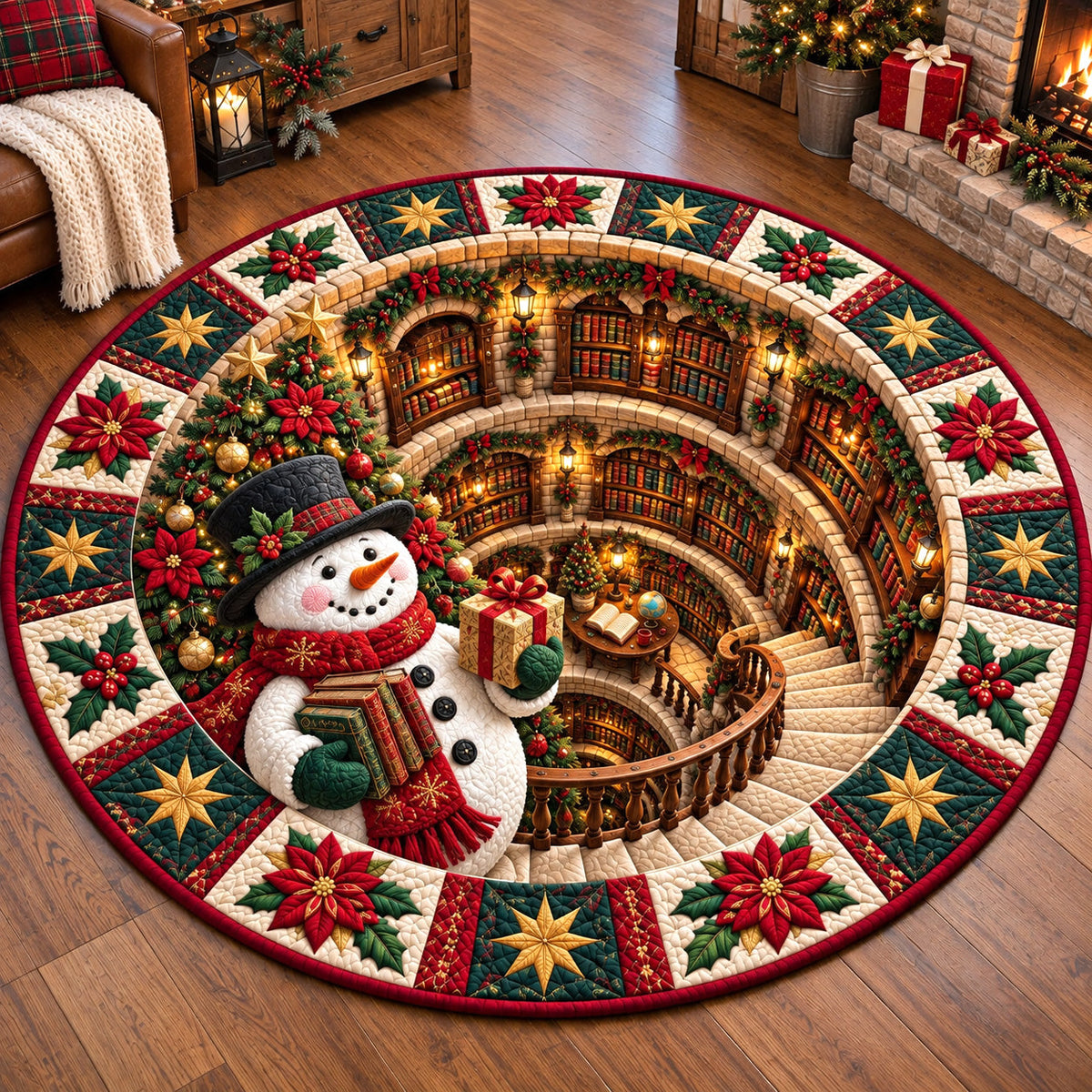 Spiral Jolly Library Snowman Quilted Round Mat GFTOTP22455