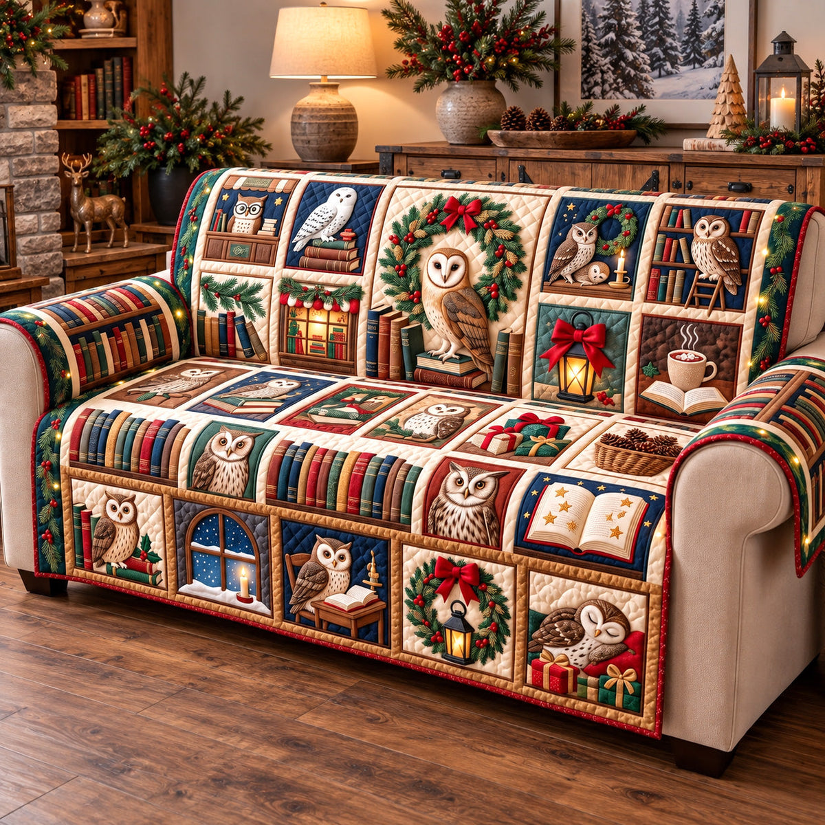Patchwork Owl Library Quilted Sofa Cover GFTOTP22462