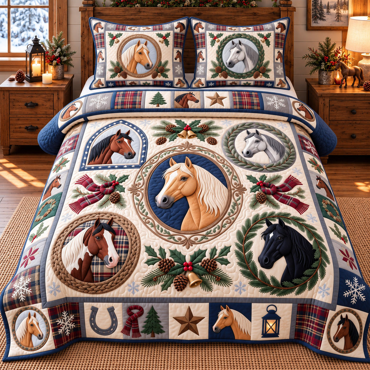 Classic Wreath Horses 3-Piece Quilted Bedding Set GFTOTP22473