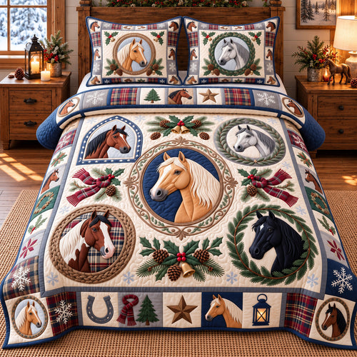 Classic Wreath Horses 3-Piece Quilted Bedding Set GFTOTP22473