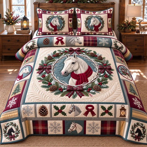 White Horse Wreath 3-Piece Quilted Bedding Set GFTOTP22477