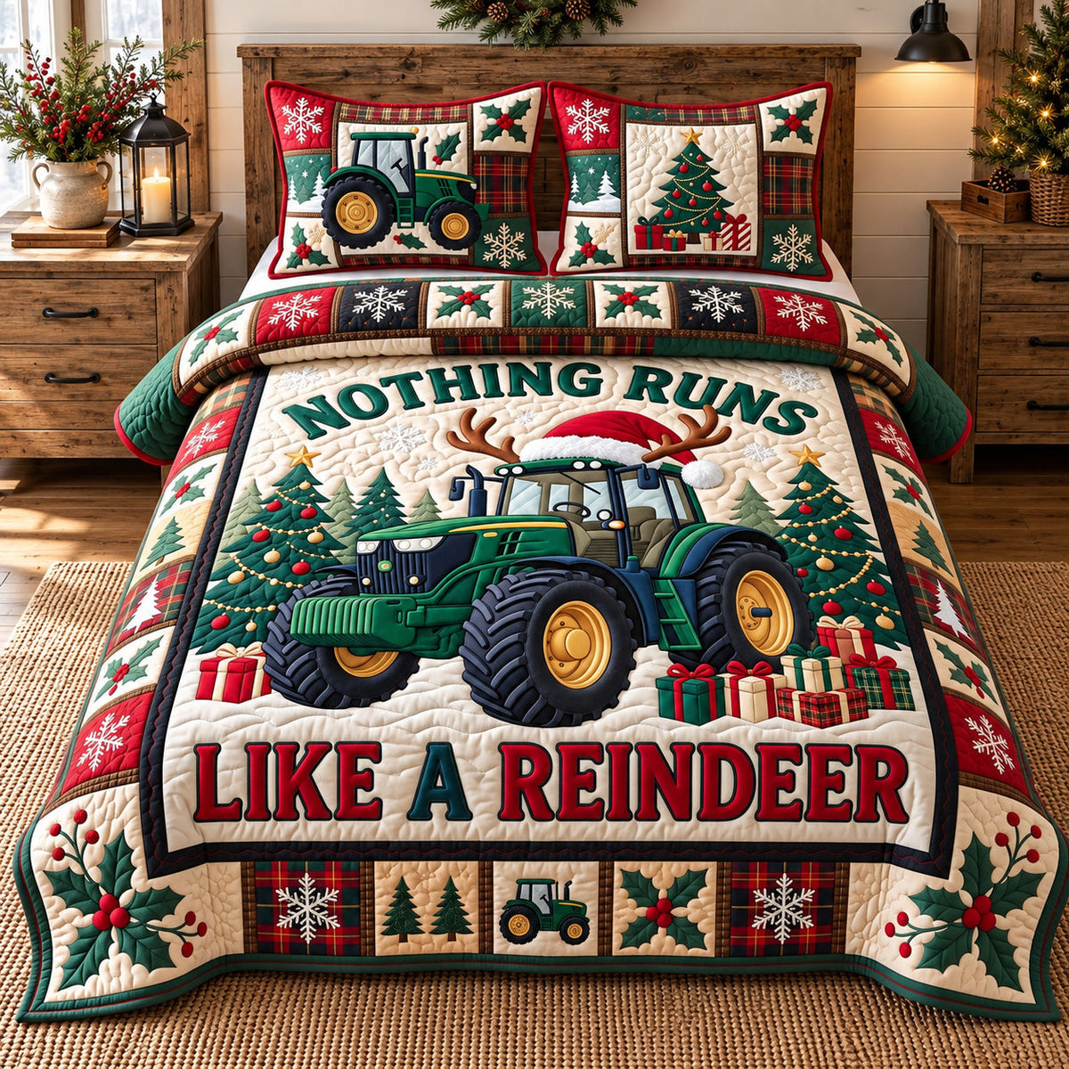 Reindeer Tractor 3-Piece Quilted Bedding Set GFTOTP22595