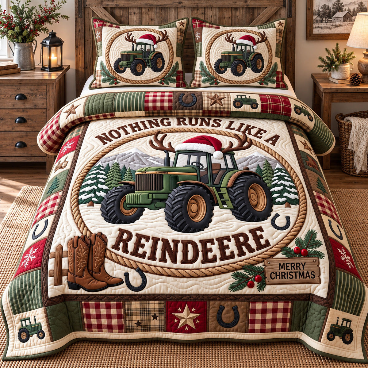 Reindeer Tractor 3-Piece Quilted Bedding Set GFTOTP22596