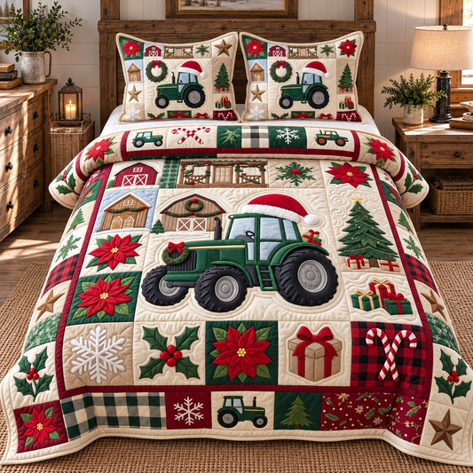 Holiday Tractor Patchwork 3-Piece Quilted Bedding Set GFTOTP22597